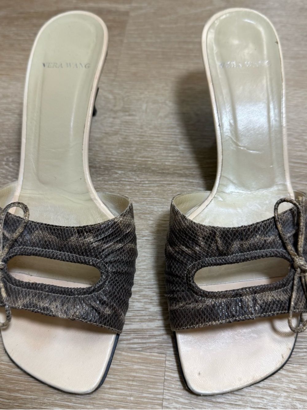 Vera Wang Brown Snake-Print Slide Mules with Bow Detail
